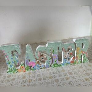 Easter Decorative Sign with Bunny and Flowers